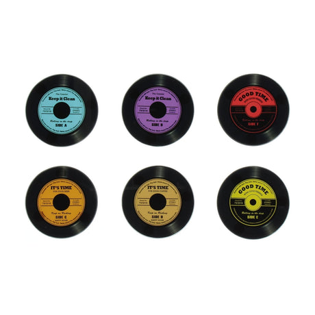 Set of six round black glass coasters with a grooved vinyl record design, each featuring a coloured centre label in turquoise, purple, red, orange, mustard, or yellow.