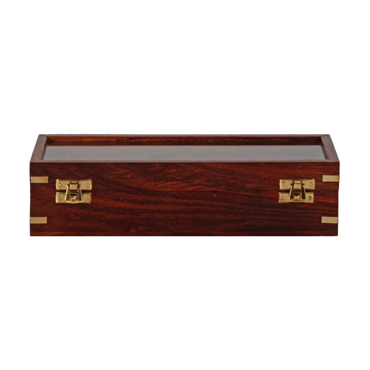 Rectangular wooden watch and jewellery box in brown with reddish grain, glass lid, gold-coloured corner fittings and front clasps, on a white background.