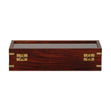 Rectangular wooden watch and jewellery box in brown with reddish grain, glass lid, gold-coloured corner fittings and front clasps, on a white background.