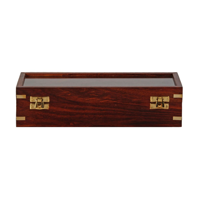 Rectangular wooden watch and jewellery box in brown with reddish grain, glass lid, gold-coloured corner fittings and front clasps, on a white background.