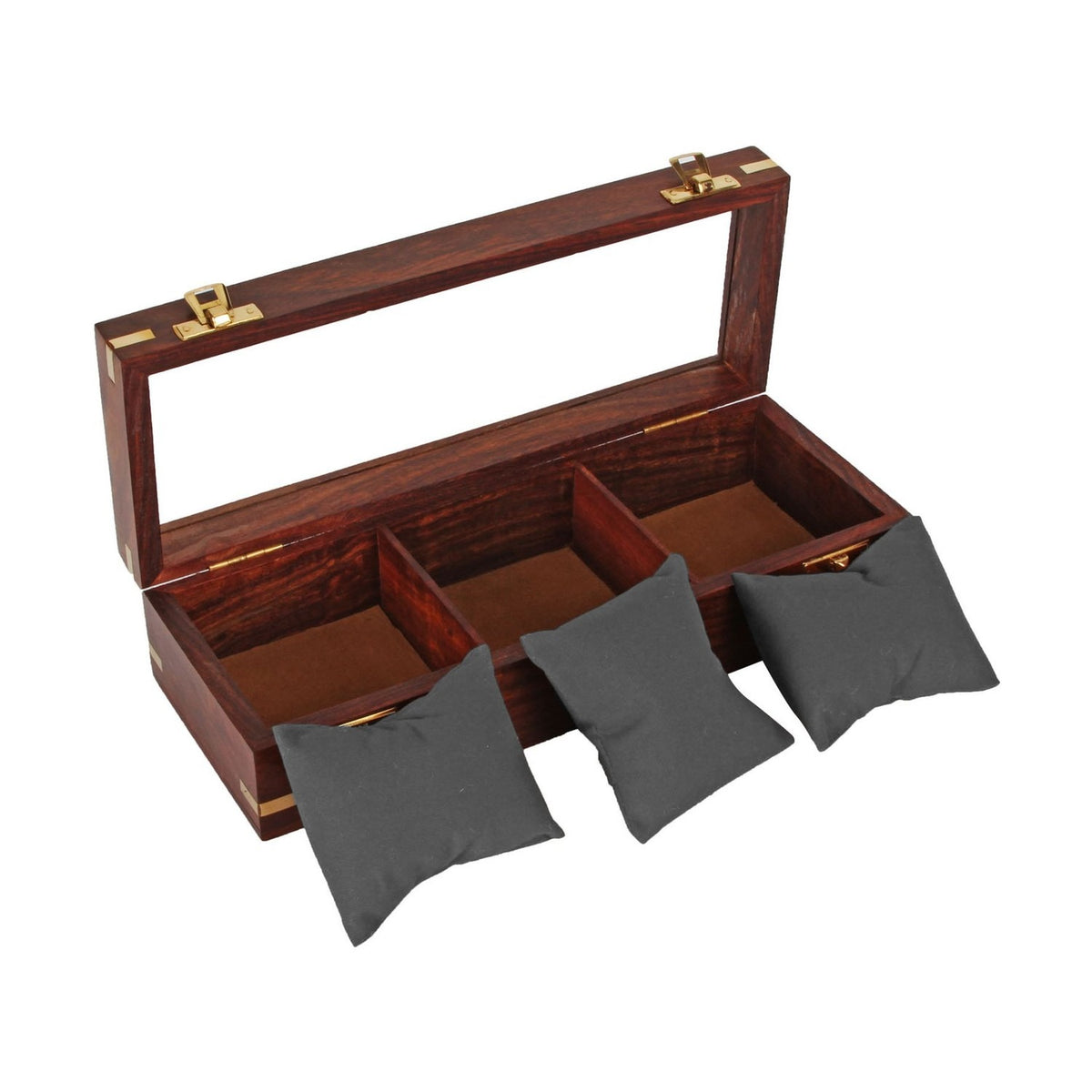 Open wooden watch and jewellery box in brown with reddish grain, gold-coloured clasps and corners, three compartments each with a grey cushion, clear window lid, on a white background.