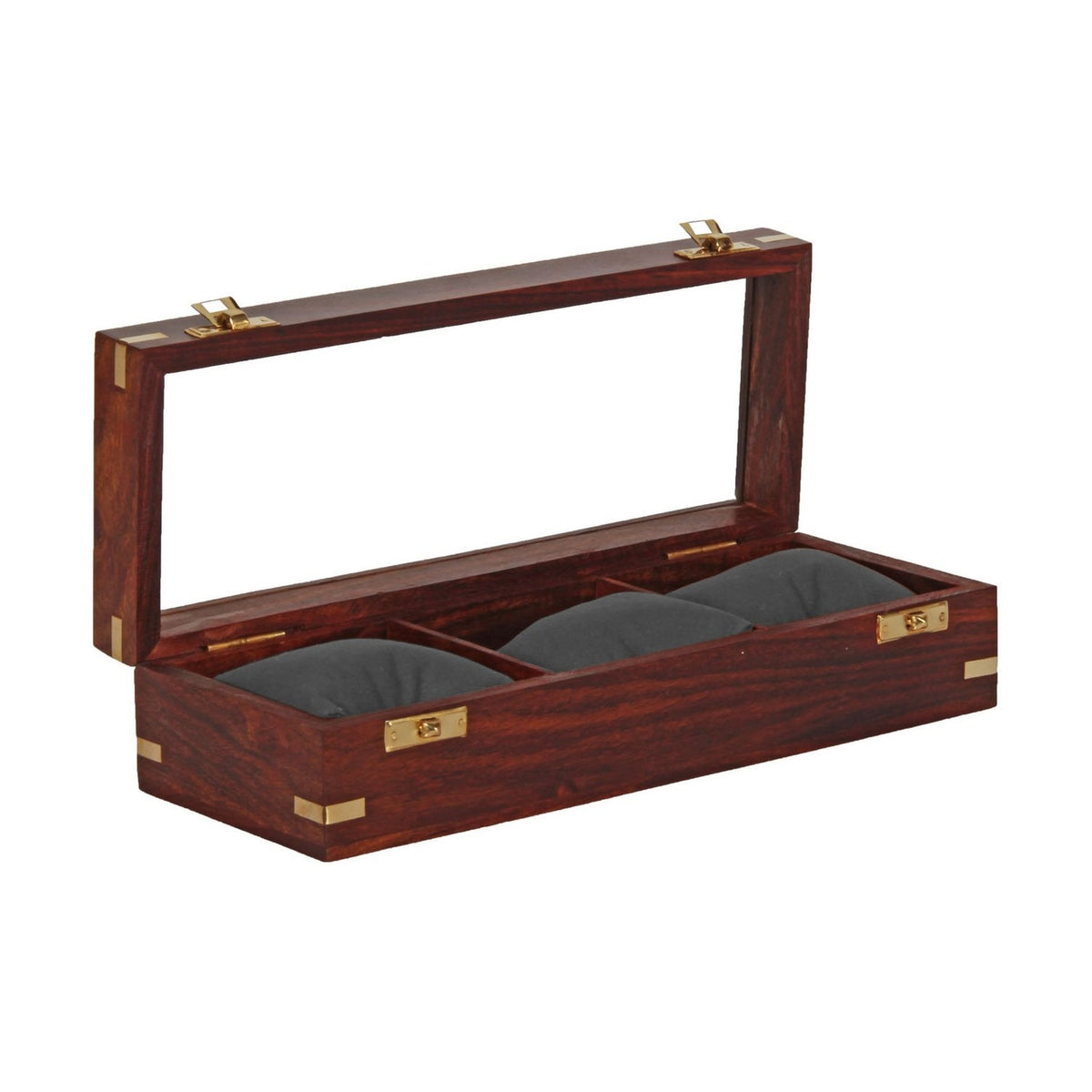 Wooden watch and jewellery box in brown wood with reddish grain, open lid with clear window, gold-coloured corner fittings and clasps, three grey cushions inside, on a white background.