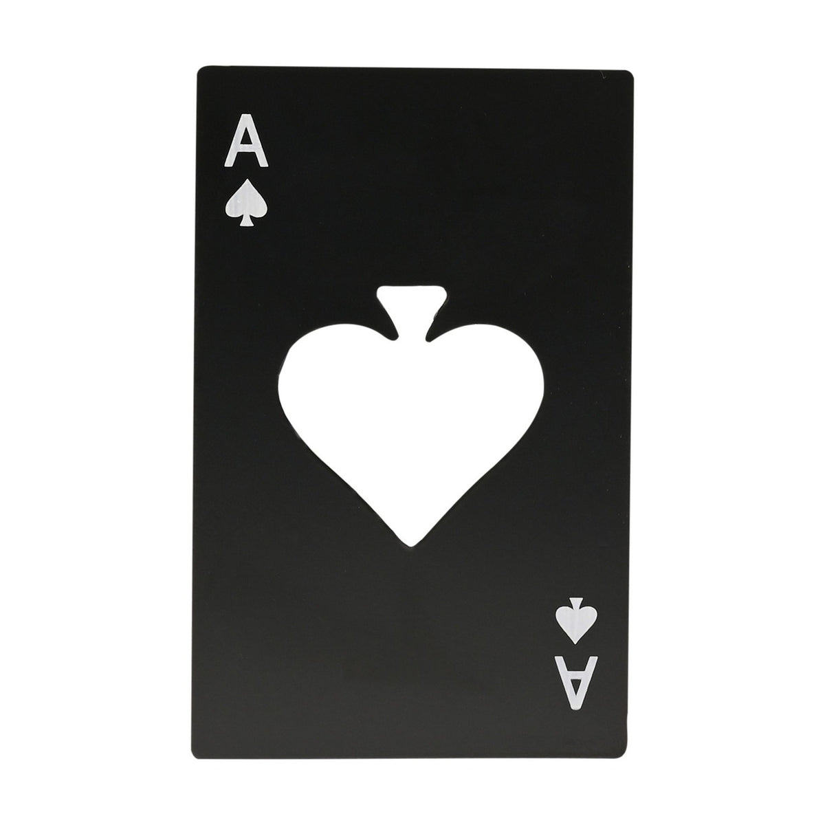 Black ace of spades playing card bottle opener with silver "A" lettering in two corners and a large heart-shaped cut-out through the centre, shown on a plain white background.