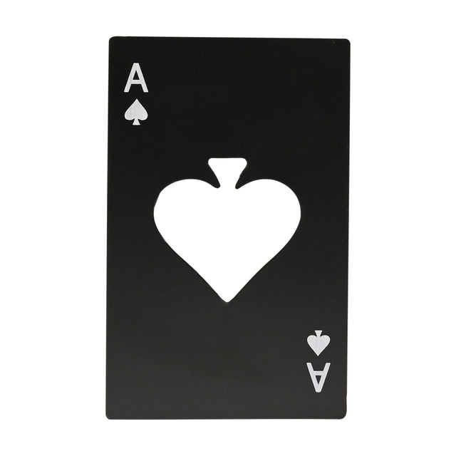 Black ace of spades playing card bottle opener with silver "A" lettering in two corners and a large heart-shaped cut-out through the centre, shown on a plain white background.