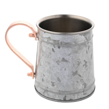 'Grandad's Beer' Moscow mule mug with mottled silver-grey galvanised iron body, raised rim and base bands, and a curved copper-coloured handle, on a white background.