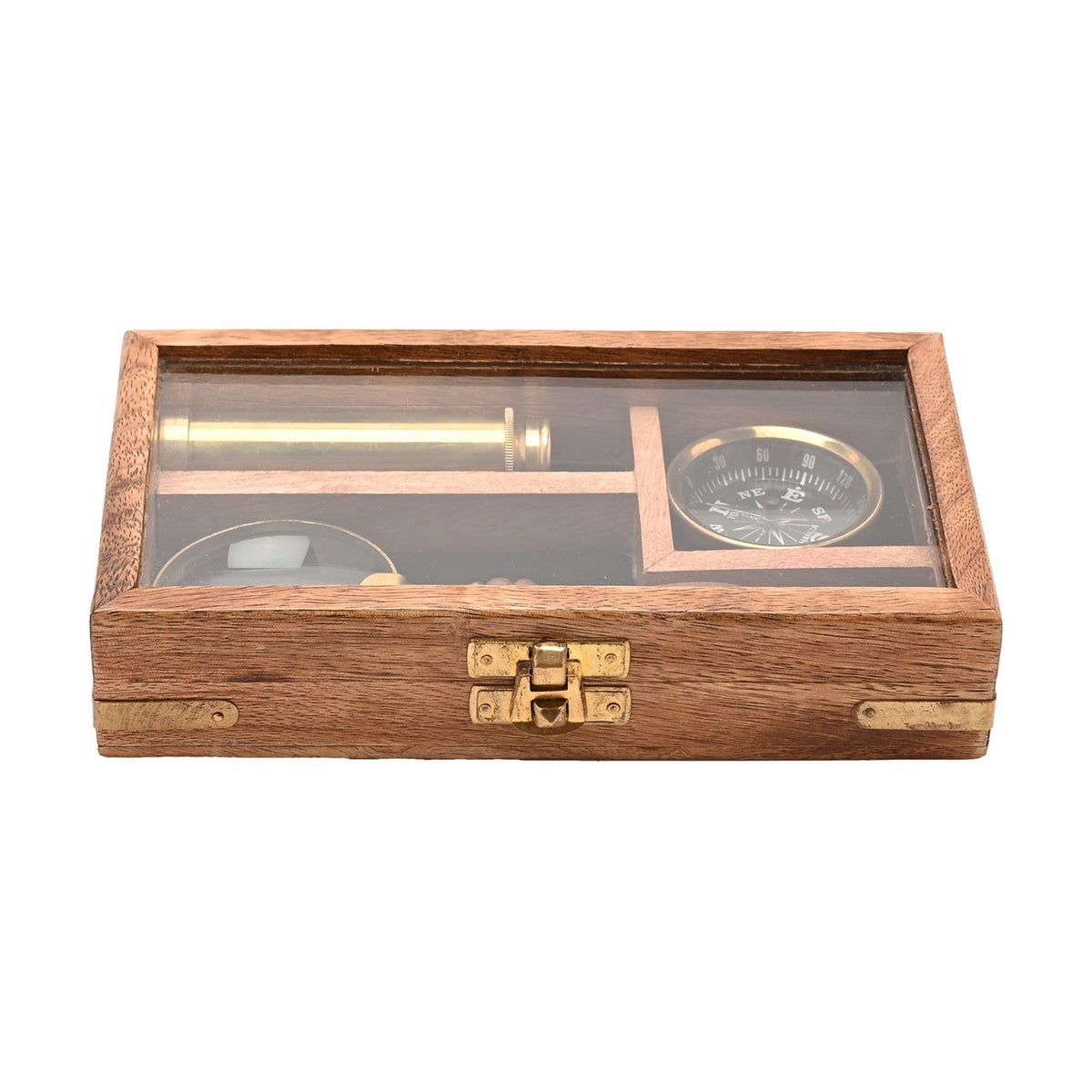 Magnifying Glass Set with Telescope and Compass in a brown wood hinged case with glass lid and gold-coloured clasp, hinges and corner fittings, shown closed on a white background.