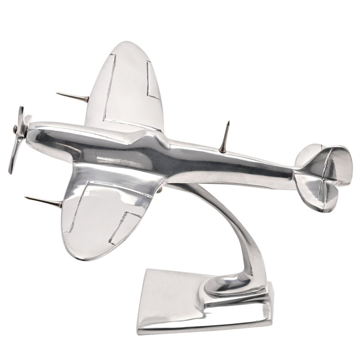 Spitfire Shiny Metal Model Ornament, 10in aluminium plane with polished silver finish, rounded wings, propeller and curved stand, on a plain white background.