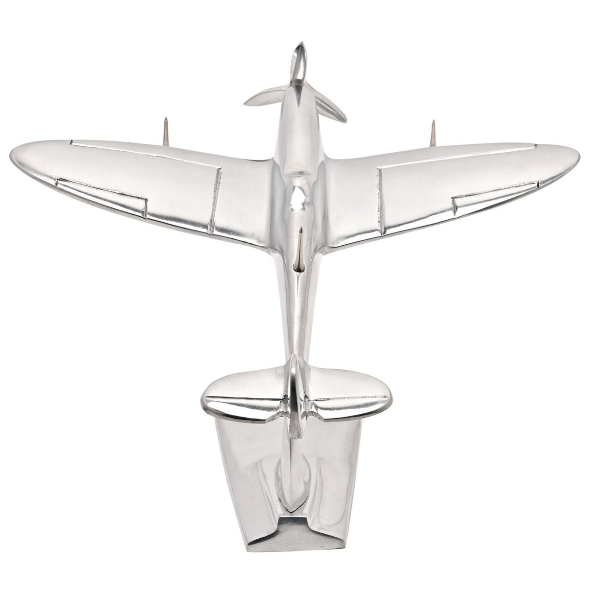Spitfire Shiny Metal Model Ornament 10in, polished silver aluminium aircraft with rounded wings and three-blade propeller on a stand, shown top-down on a white background.