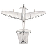 Spitfire Shiny Metal Model Ornament 10in, polished silver aluminium aircraft with rounded wings and three-blade propeller on a stand, shown top-down on a white background.