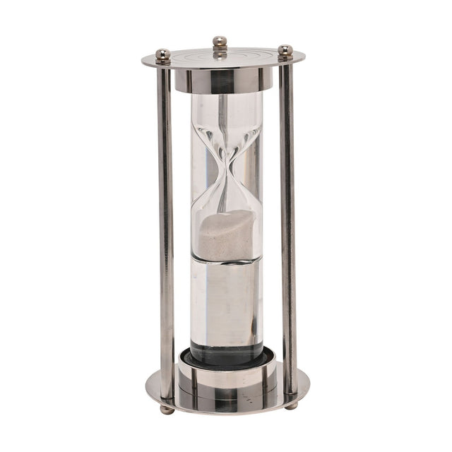Water timer hourglass with white sand in a clear cylinder, framed by three silver rods, round top disc with ball finials, and a matching base on ball feet, shown on a plain white background.