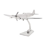 Spitfire Aluminium Model Ornament, 14in, in polished silver finish with elliptical wings, cockpit canopy, nose propeller and curved display stand, on a plain white background.