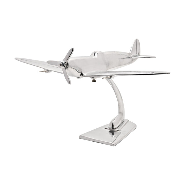 Spitfire Aluminium Model Ornament, 14in, in polished silver finish with elliptical wings, cockpit canopy, nose propeller and curved display stand, on a plain white background.