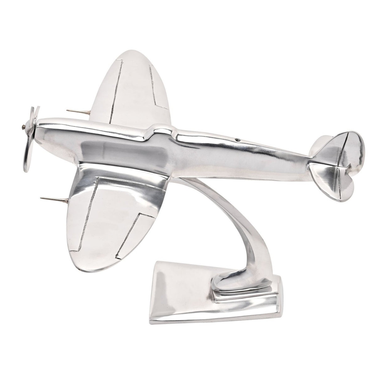 Spitfire aluminium model ornament in silver, 14in, with elliptical wings, propeller nose and raised cockpit canopy on a curved stand, shown on a white background.