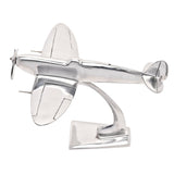 Spitfire aluminium model ornament in silver, 14in, with elliptical wings, propeller nose and raised cockpit canopy on a curved stand, shown on a white background.