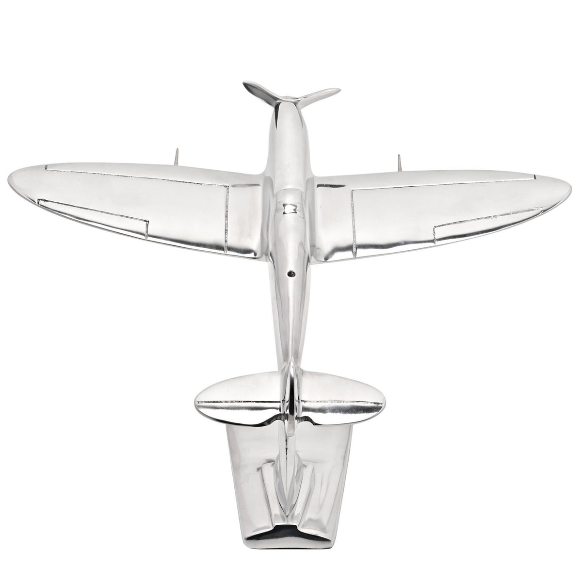 Spitfire Aluminium Model Ornament 14in in silver, shown from above on a curved stand, with elliptical wings, propeller nose and tail fin detail against a plain white background.