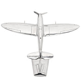 Spitfire Aluminium Model Ornament 14in in silver, shown from above on a curved stand, with elliptical wings, propeller nose and tail fin detail against a plain white background.