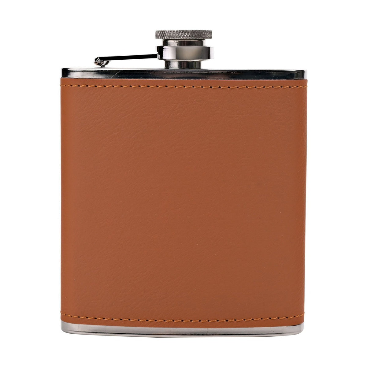 Rectangular 6oz hip flask with stitched brown leather wrap, stainless steel hinged cap and shoulders, shown on a plain white background.