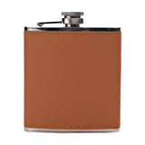 Rectangular 6oz hip flask with stitched brown leather wrap, stainless steel hinged cap and shoulders, shown on a plain white background.