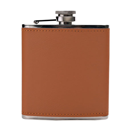 Rectangular 6oz hip flask with stitched brown leather wrap, stainless steel hinged cap and shoulders, shown on a plain white background.