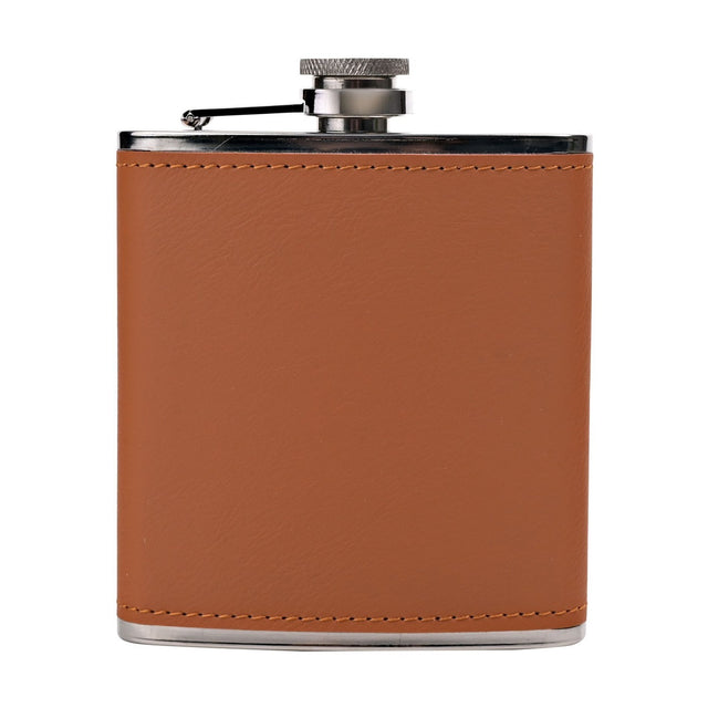 Rectangular 6oz hip flask with stitched brown leather wrap, stainless steel hinged cap and shoulders, shown on a plain white background.