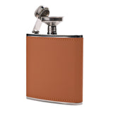 Rectangular 6oz hip flask with stitched brown wrap, stainless steel shoulders and base, hinged cap, and attached funnel, shown on a plain white background.