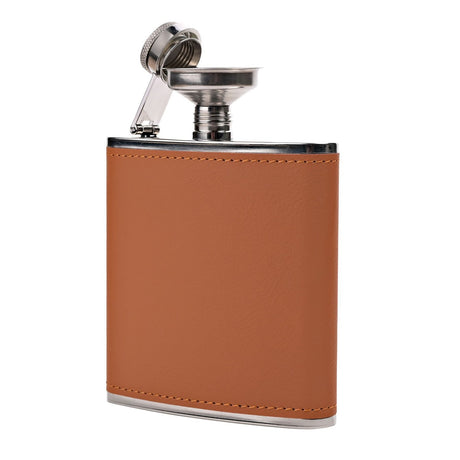 Rectangular 6oz hip flask with stitched brown wrap, stainless steel shoulders and base, hinged cap, and attached funnel, shown on a plain white background.