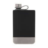 Rectangular matt black 8oz hip flask with brushed silver base band and tethered screw cap, shown on a plain white background.