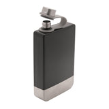 Rectangular 8oz hip flask in matt black with a brushed silver base band, screw cap on a tethered strap, shown on a plain white background.