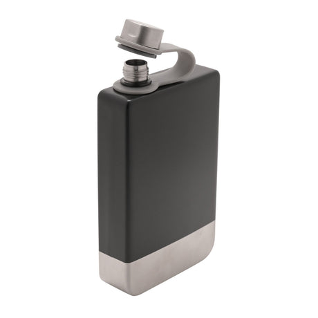 Rectangular 8oz hip flask in matt black with a brushed silver base band, screw cap on a tethered strap, shown on a plain white background.