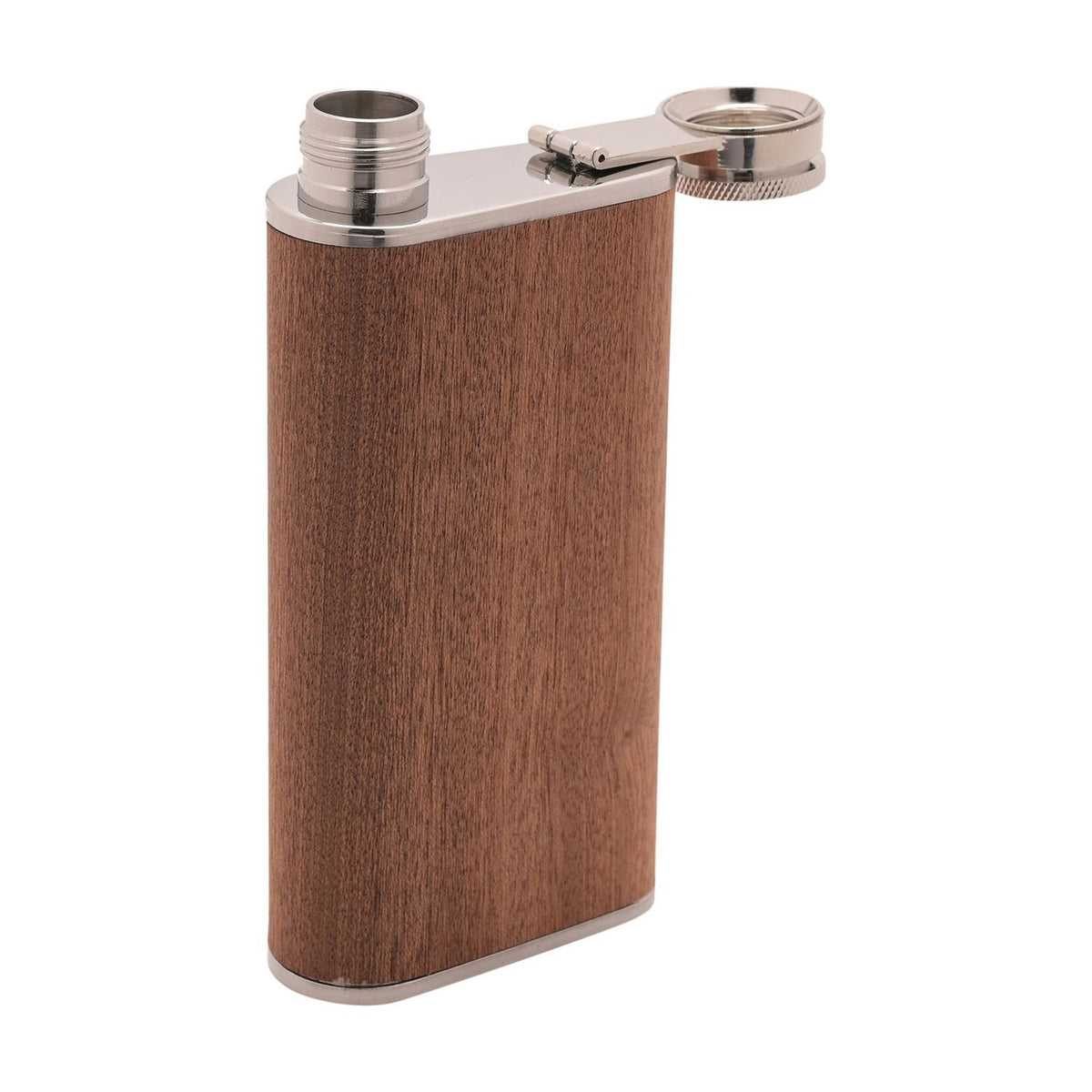 Rectangular 9oz hip flask with brown wood-effect body, silver rounded top and base, and hinged screw cap, shown on a plain white background.