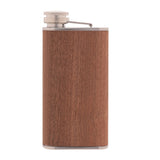 Rectangular 9oz hip flask with brown wood-effect body, hinged screw cap, and silver top and base, shown against a plain white background.