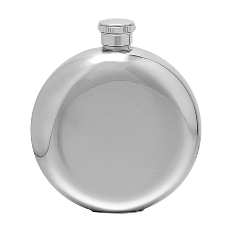 Round polished stainless steel hip flask, 5oz, with a smooth circular body and ridged screw cap, shown in silver on a plain white background.