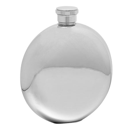 Round 5oz hip flask in polished stainless steel with a smooth silver body and ridged screw cap, shown on a plain white background.
