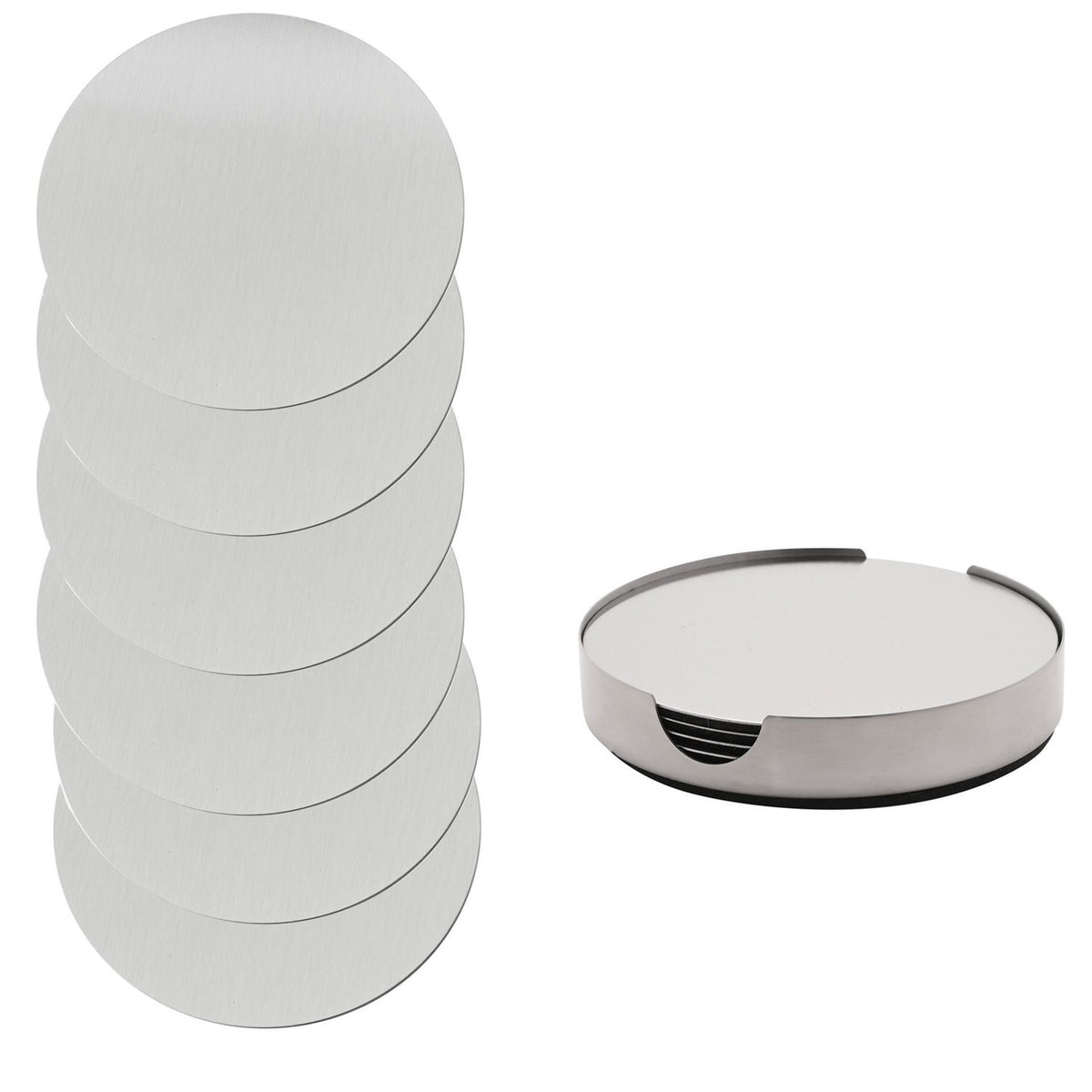 6 Piece Stainless Steel Coaster Set with Holder - Silver