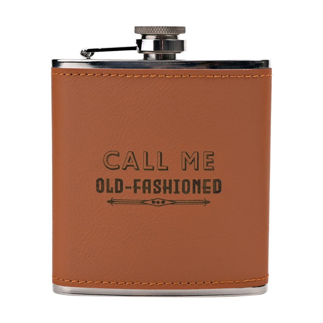 6oz hip flask with brown wrap and orange stitching, stainless steel cap, lid and base, "Call Me Old-Fashioned" text on front, plain white background.