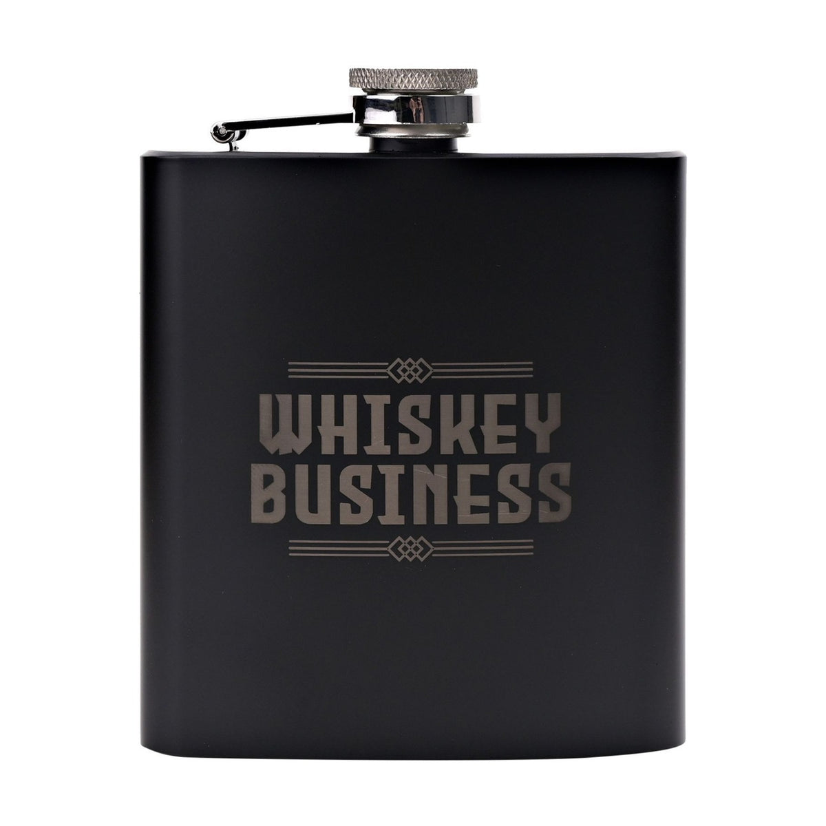 Matt black 6oz hip flask with "Whiskey Business" text in grey capitals, hinged chrome cap, and steel funnel, shown on a plain white background.