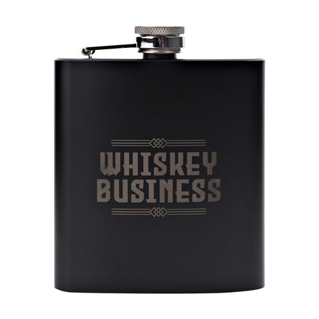 Matt black 6oz hip flask with "Whiskey Business" text in grey capitals, hinged chrome cap, and steel funnel, shown on a plain white background.