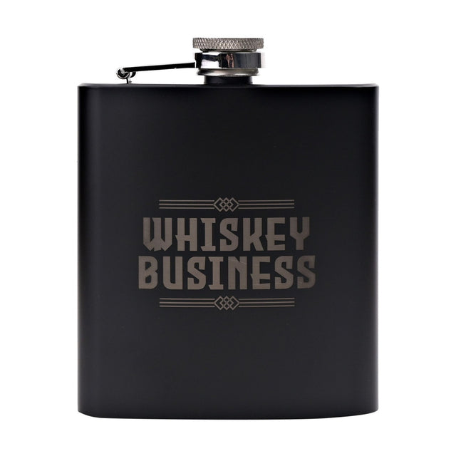 Matt black 6oz hip flask with "Whiskey Business" text in grey capitals, hinged chrome cap, and steel funnel, shown on a plain white background.