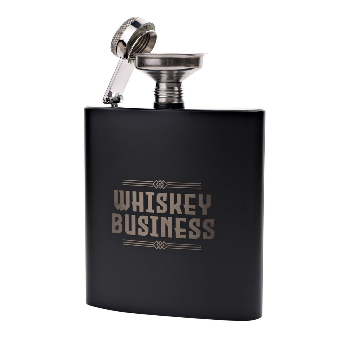 Matt black 6oz hip flask with "Whiskey Business" lettering and knot motif, shown with its hinged cap and stainless steel funnel attached, on a plain white background.