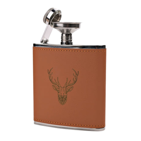 Brown rectangular 6oz hip flask with engraved stag head design, stitched faux leather cover, steel cap, and attached funnel, shown on a white background.