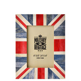 Rectangular wooden photo frame with Union Jack design in streaked blue, red and cream stripes, holding a 4"x6" Military Heritage sample print on a white background.