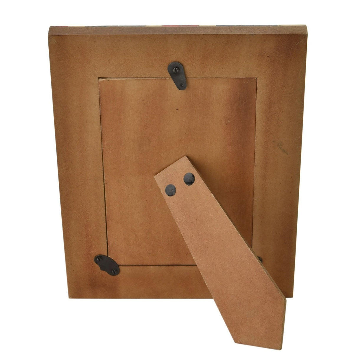 Rear view of the Union Jack rectangular wooden photo frame, showing the brown back panel, metal hanging tabs, and fold-out stand, on a plain white background.