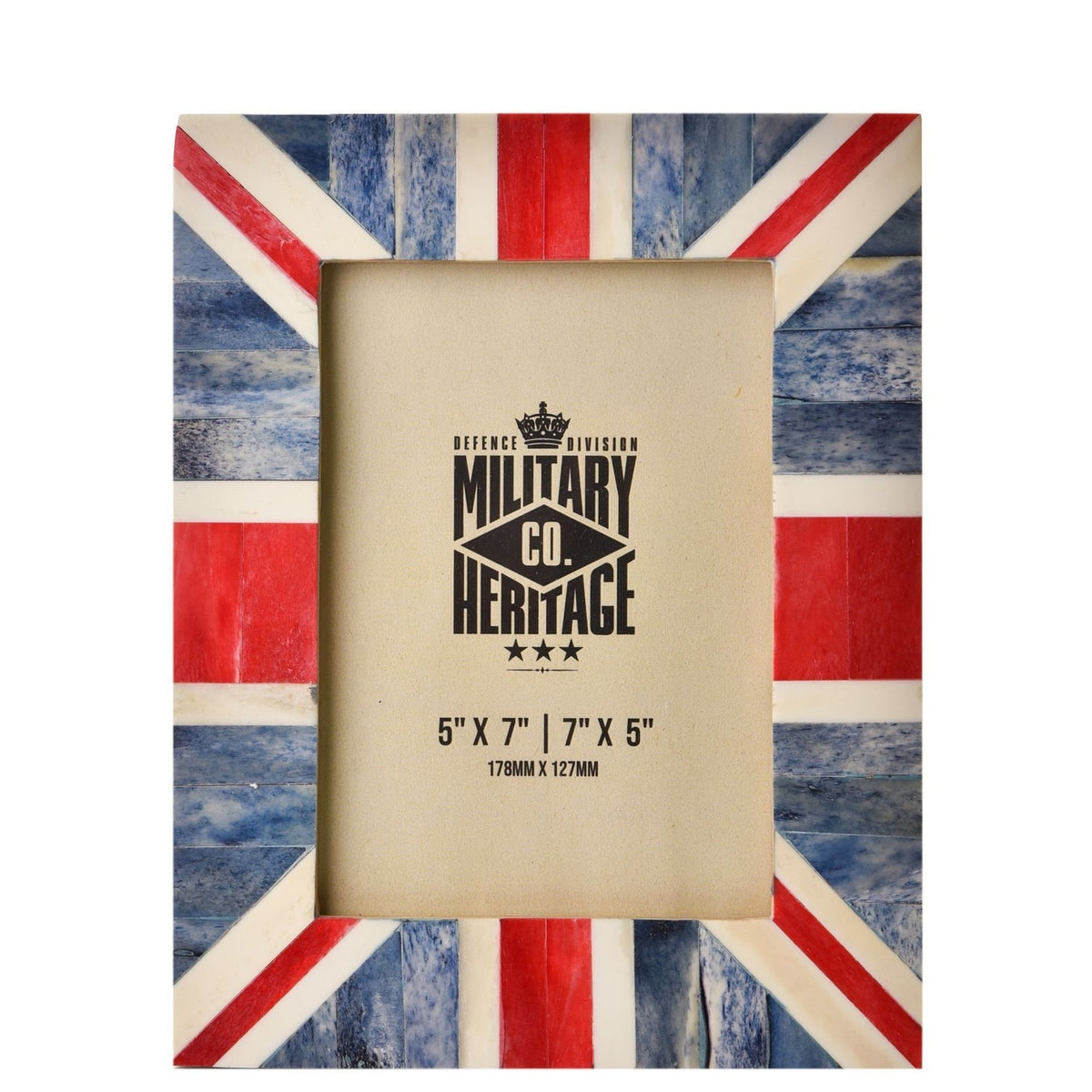 Rectangular wooden photo frame with Union Jack design in streaked blue, red, and cream strips, holding a 5x7 inch photo, on a white background.