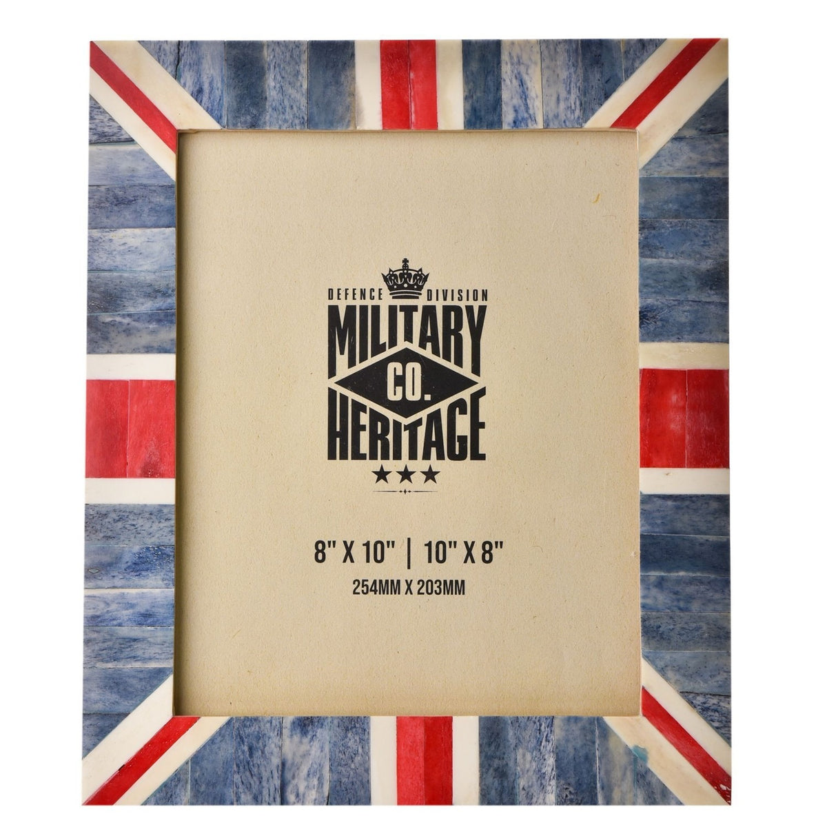 Rectangular wooden photo frame with Union Jack design in streaked blue, red and cream stripes, holding an 8" x 10" Military Heritage insert card.