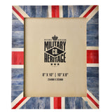 Rectangular wooden photo frame with Union Jack design in streaked blue, red and cream stripes, holding an 8" x 10" Military Heritage insert card.