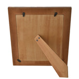 Back view of the Union Jack rectangular wooden photo frame showing a fibreboard backing with two hanging hooks and an angled wooden stand, on a white background.