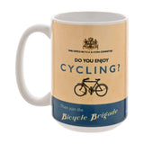 White stoneware mug with C-handle printed in parchment beige and navy, featuring a crest, "Do You Enjoy Cycling?" text, a bicycle graphic, and "Bicycle Brigade" band, shown on a white background.