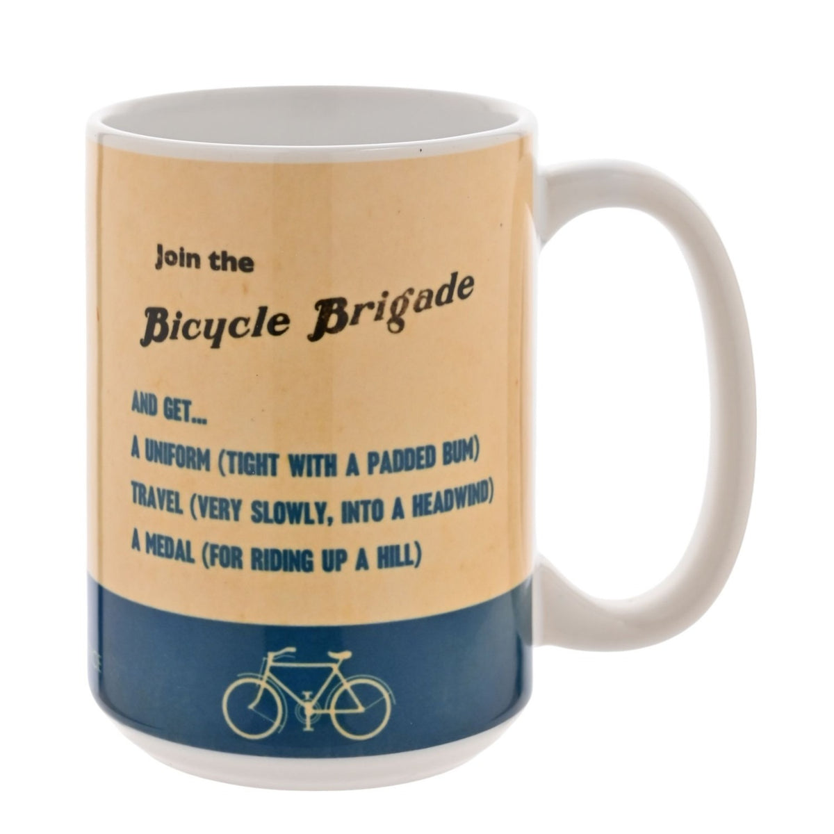 White stoneware mug with C-handle, printed "Join the Bicycle Brigade" cycling poster design in parchment beige and navy blue with a bicycle graphic, on plain white background.