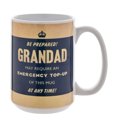 White stoneware mug, 15oz, with navy and tan Civil Defence-style notice reading "Be Prepared! Grandad may require an emergency top-up of this mug at any time," shown on a plain white background.