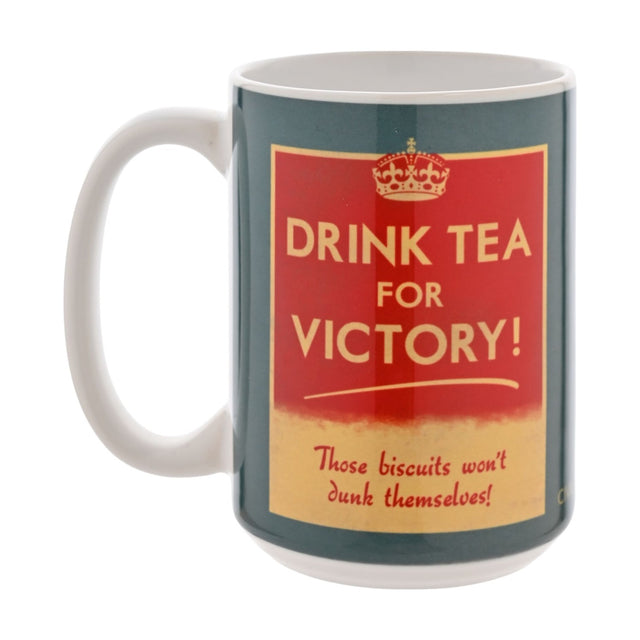 White glazed stoneware mug with C-handle, printed with a vintage-style red and cream "Drink Tea For Victory" poster design under a crown, shown on a plain white background.